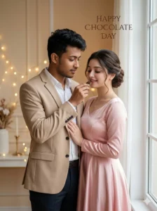 Soft romantic Chocolate Day AI photo editing prompts couple sharing chocolate indoors created using AI photo editing prompts
