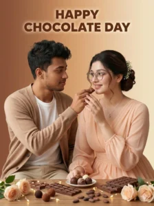 Cute Chocolate Day AI Photo prompt For couple feeding chocolates at a cafe using AI photo editing prompts