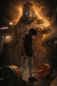 AI-generated image of a boy standing in a gym with Lord Hanuman blessing him from behind, symbolizing strength, faith, and discipline