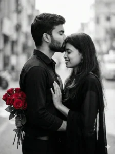Black and white romantic couple portrait with red roses inspired by Google Gemini Propose Day AI photo prompts for Valentine Week cinematic photography