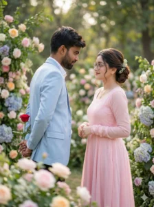Romantic Propose Day AI photo prompts generated couple standing in flower garden with rose inspired by Google Gemini AI photo prompts for boys during Valentine Week