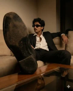 Young man in black suit and sunglasses posing in luxury cinematic style for ChatGPT AI photo editing prompt