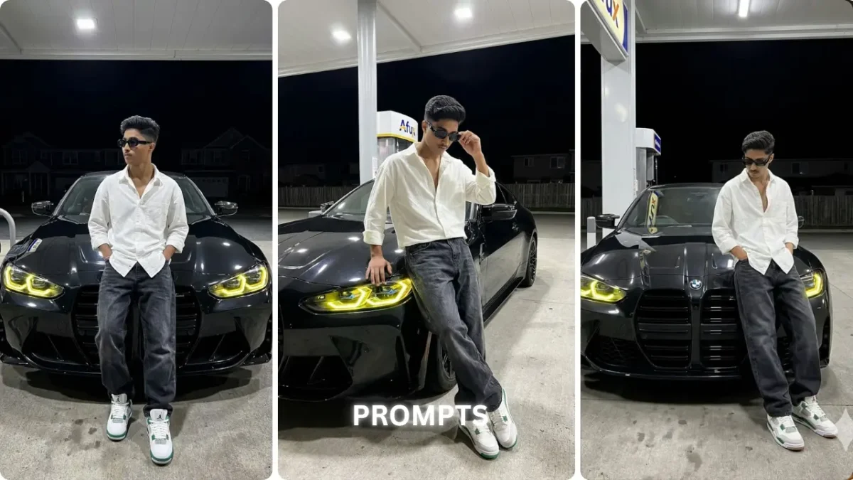 Stylish young man posing in front of black luxury car at night with neon headlights, cinematic car AI photo editing inspiration for boys