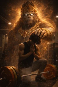 AI-generated image of a boy kneeling in prayer at the gym while Lord Hanuman blesses him from behind, symbolizing devotion, strength, and inner power