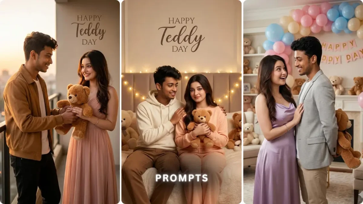 Romantic Teddy Day couple AI photo Prompts created using Google Gemini with teddy bear theme and soft cinematic lighting