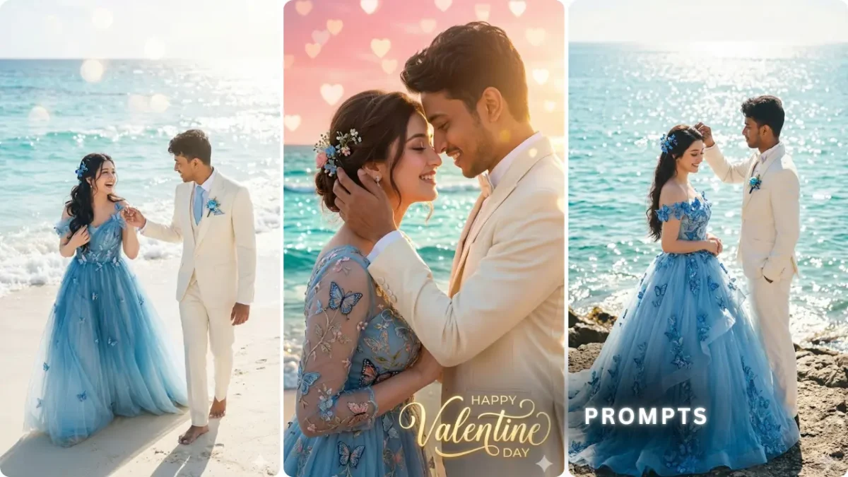 Romantic couple on a beach in soft sunlight wearing elegant outfits for Valentine Day AI photo prompt