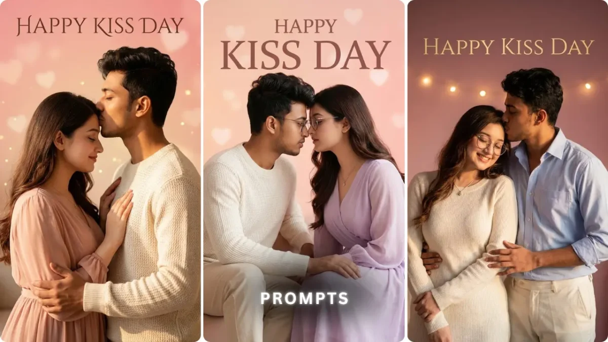 Romantic Kiss Day couple AI photo editing prompts showing cute and cinematic love scenes