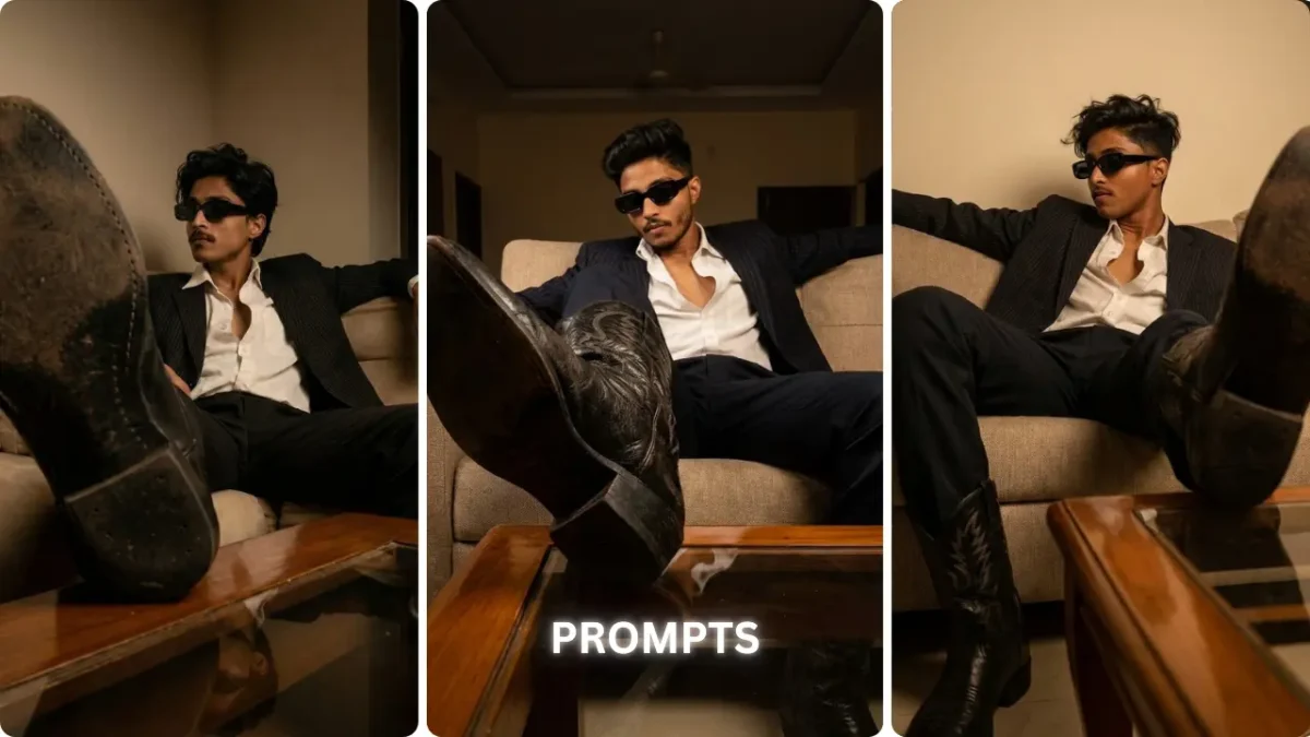 Young man in black suit and sunglasses posing in luxury cinematic style for ChatGPT AI photo editing prompt