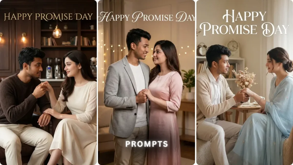Romantic couple Promise Day AI photo editing prompt showing cinematic love scene with soft lighting