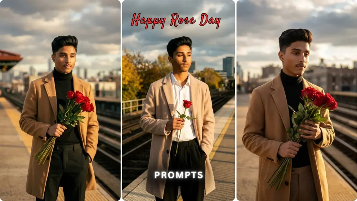 Rose Day AI photo editing prompts for boys holding red roses in a romantic cinematic style