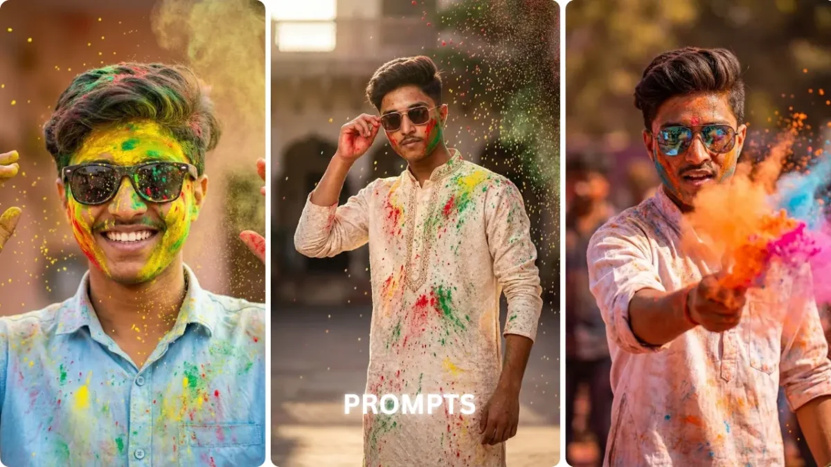 Holi festival portrait of stylish young men with colorful gulal powder on face wearing sunglasses and kurta, cinematic AI photo editing inspiration for boys prompt.