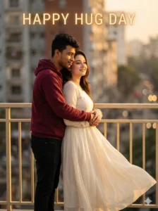 Hug Day AI couple image on a balcony created using Google Gemini prompts for Valentine Week