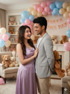 Romantic Teddy Day couple AI photo editing prompts with balloon decorations and teddy surprise created using Google Gemini AI