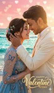 Close-up romantic couple smiling at each other with heart bokeh background for Valentine Day AI image Prompt