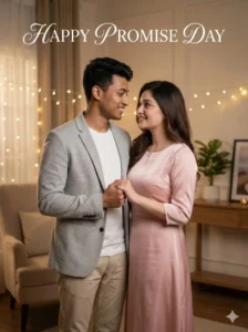 Cute romantic couple Promise Day AI photo editing prompt with cinematic lighting and fairy lights