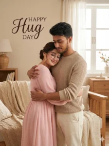 AI-generated Hug Day couple image in a living room created using Google Gemini prompts
