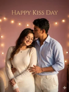 Cinematic Kiss Day couple sharing a cheek kiss created using AI photo editing prompts