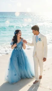 Cute couple holding hands and walking on a sunny beach in a Valentine AI photo Prompt