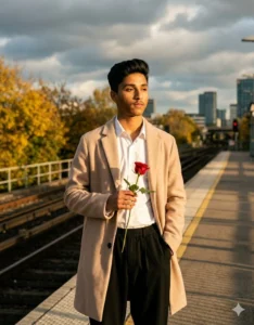 Romantic Rose Day AI Prompt portrait of a boy holding red roses
