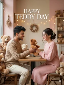 Cute Teddy Day AI photo editing prompts For couple exchanging a teddy bear created using Google Gemini AI photo editing prompts