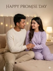 Emotional couple Promise Day AI photo editing prompt with soft bedroom lighting and romantic mood