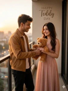 Teddy Day AI photo editing prompts couple exchanging teddy bear during golden hour created using Google Gemini AI