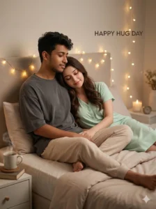 AI-generated Hug Day couple image showing a cozy bedroom hug created using Google Gemini prompts