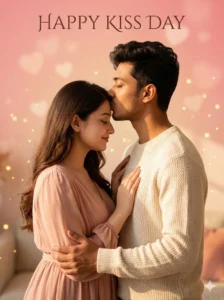 Soft romantic Kiss Day couple sharing a forehead kiss created using AI photo editing prompts