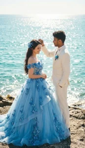 Elegant couple in blue gown and cream suit standing by the ocean in a cinematic Valentine AI photo Prompt