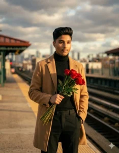 Boy holding a bouquet of red roses in a cinematic Rose Day AI photo Prompt