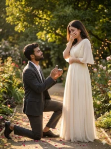 Romantic Propose Day AI photo prompts generated garden proposal scene showing a man kneeling with a ring during sunset created using Google Gemini AI photo prompts