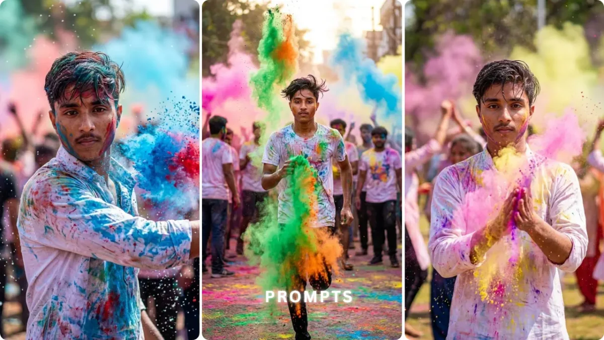 Young man celebrating Holi with vibrant color powder explosion, cinematic stylish Holi AI photo editing Prompts for boys