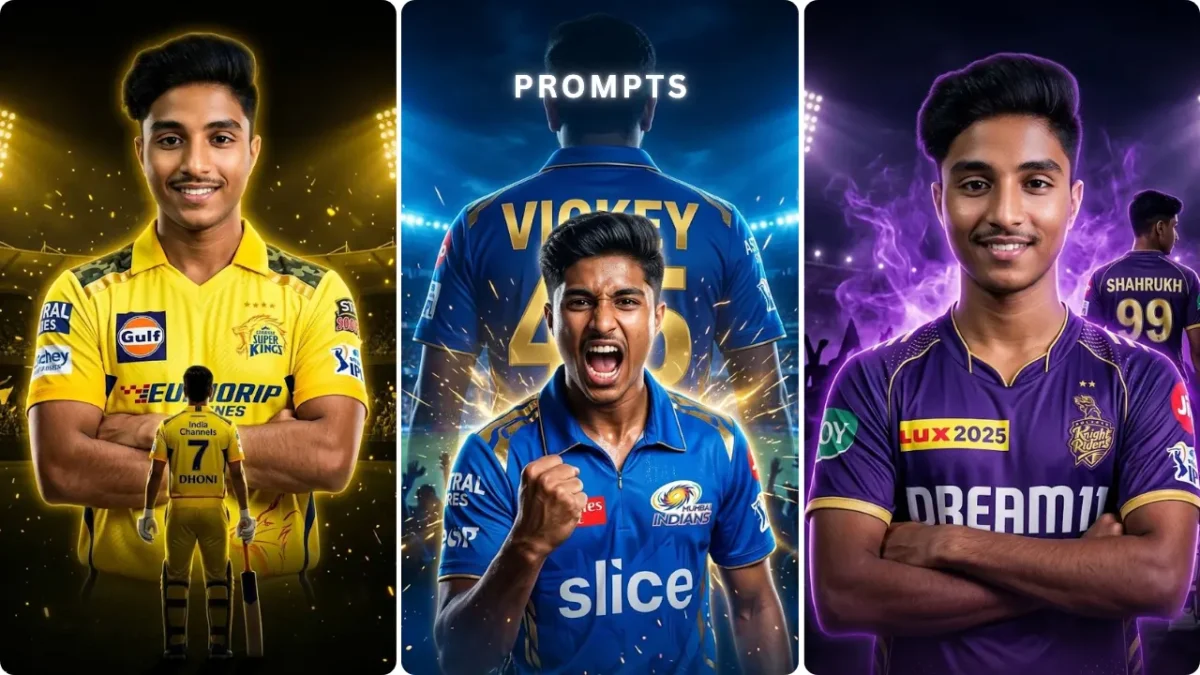 IPL jersey AI photo editing prompts 2026 KKR MI CSK cricket poster style image using own photo