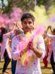 Young man celebrating Holi with vibrant colour powder explosion, cinematic stylish Holi AI photo editing Prompts for boys