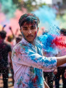 Young man celebrating Holi with vibrant colour powder explosion, cinematic stylish Holi AI photo editing Prompts for boys
