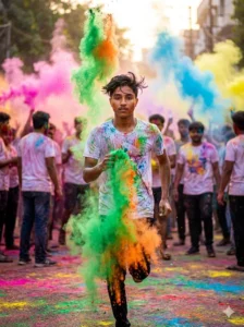 Young man celebrating Holi with vibrant colour powder explosion, cinematic stylish Holi AI photo editing Prompts for boys