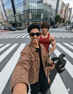 Baki Hanma AI Photo Editing Prompt for Boys anime character style muscular fighter standing behind a boy