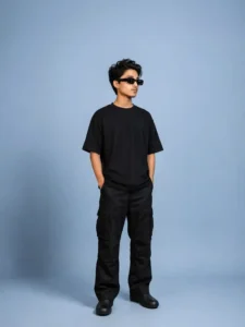 boy black t shirt studio style ai photo blue background casual outfit professional lighting