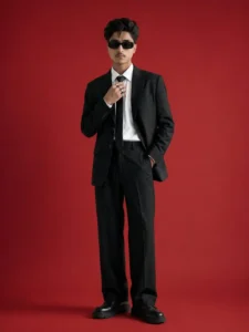 formal suit studio ai photo boy red background professional portrait cinematic lighting