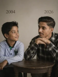 Old to future AI photo transformation showing a boy in 2004 and his grown-up version in 2026 looking at each other emotionally