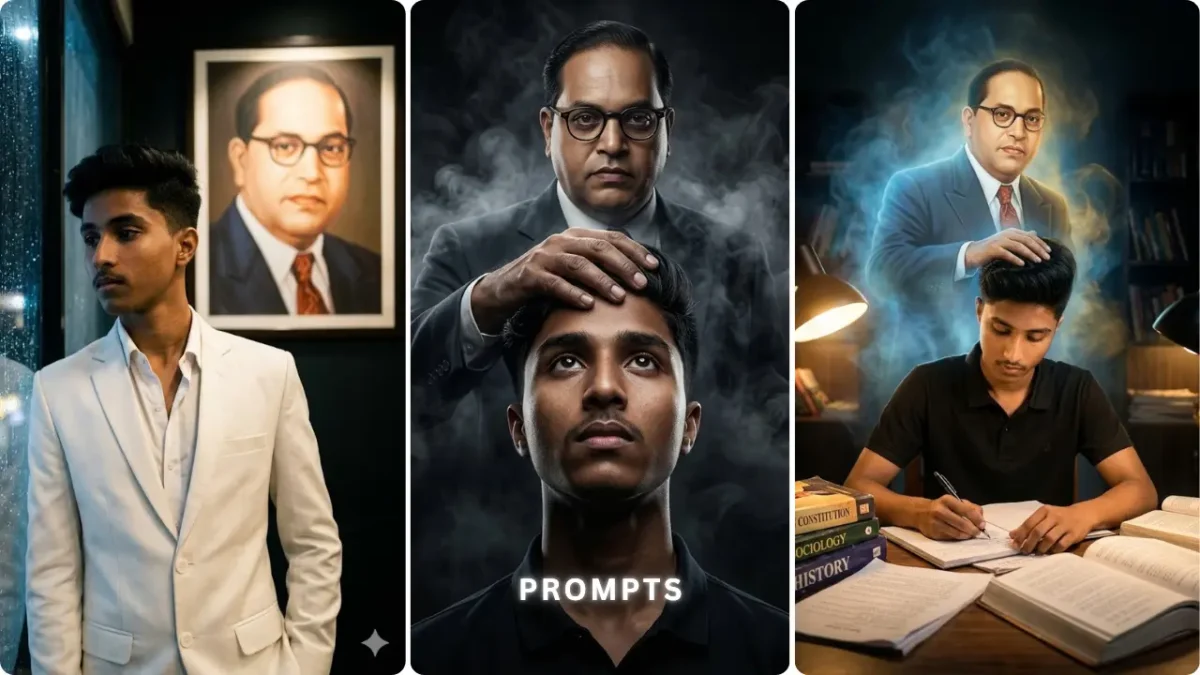 Ambedkar Jayanti 2026 AI photo editing prompts for boys creating blue theme tribute poster with Dr BR Ambedkar background