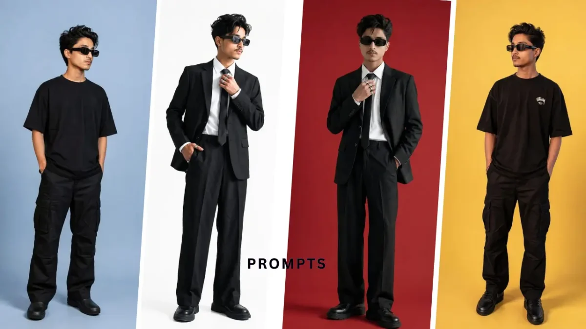 professional studio style ai photo editing prompts for boys 2026 different outfit styles black suit casual look