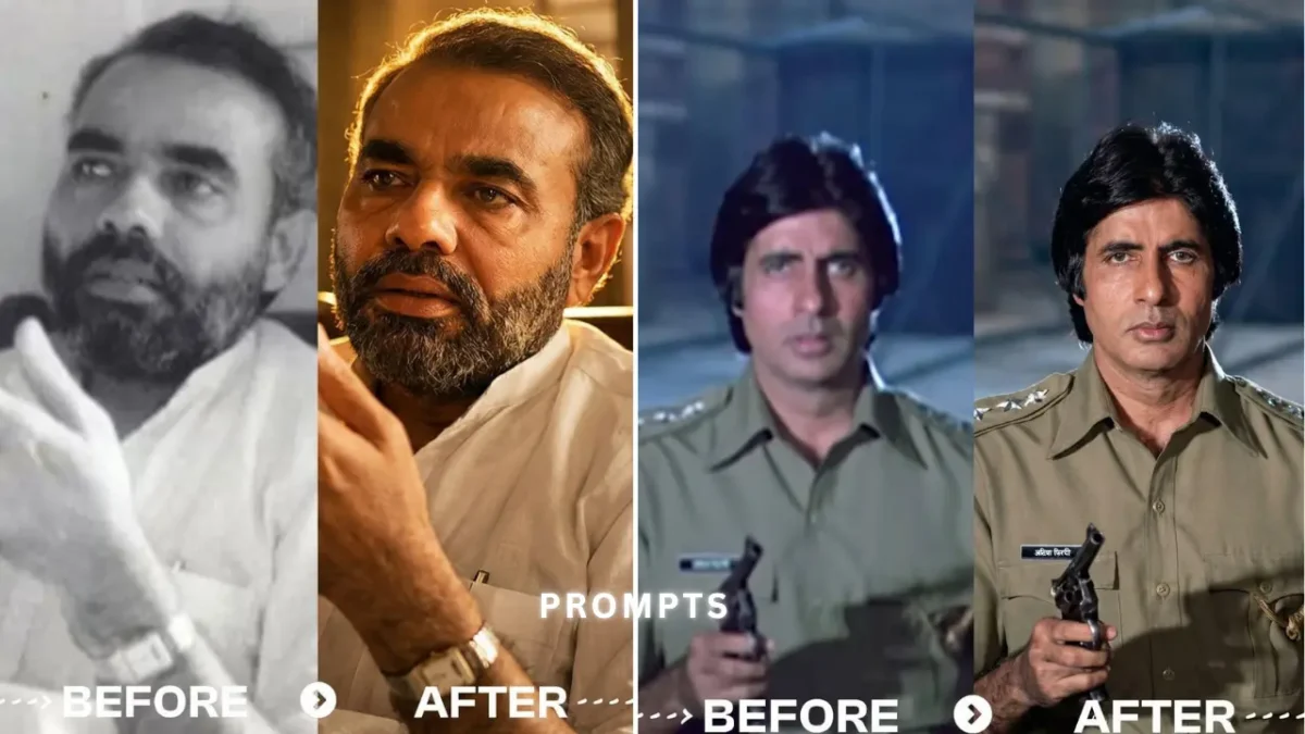 Before and after comparison of converting a low-quality blurry photo into a high-quality ultra 8K AI enhanced portrait with sharp details and realistic lighting