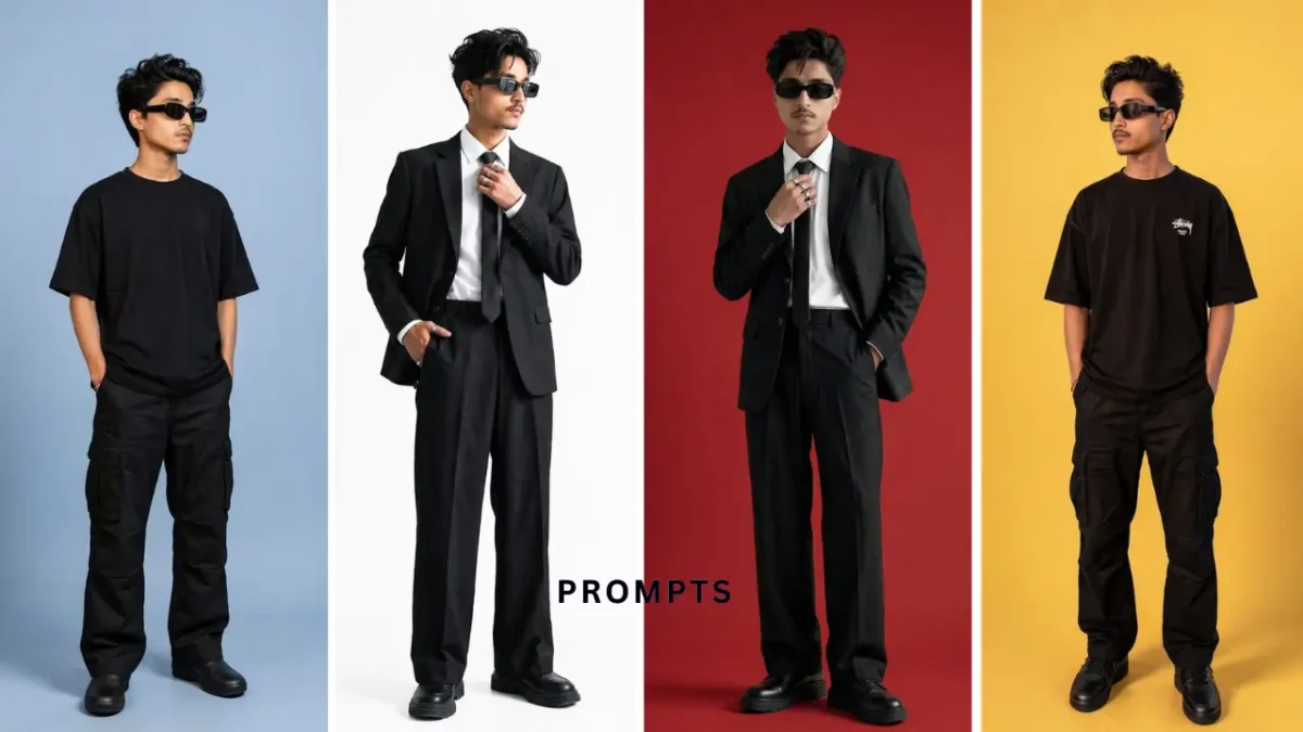 professional studio style ai photo editing prompts for boys 2026 different outfit styles black suit casual look