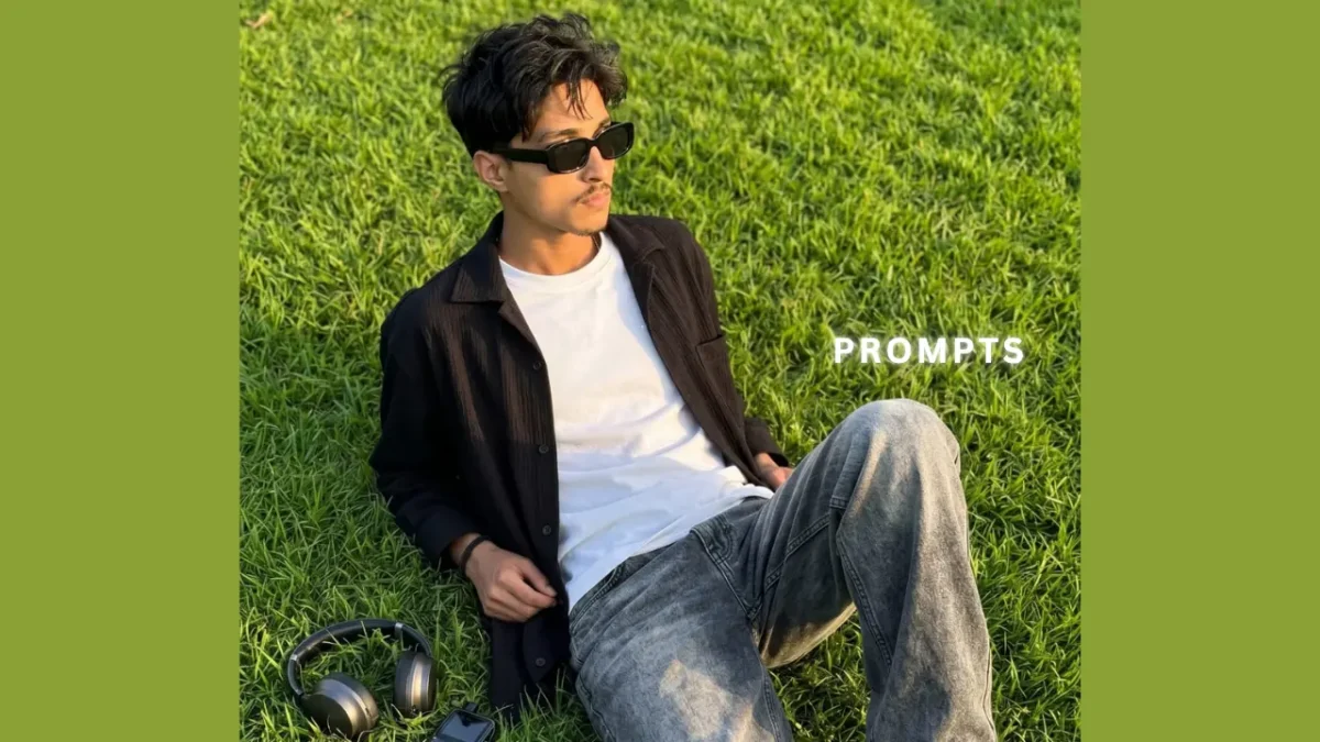 Boy sitting on green grass in garden with sunglasses, aesthetic AI photo editing style using Google Gemini prompts 2026
