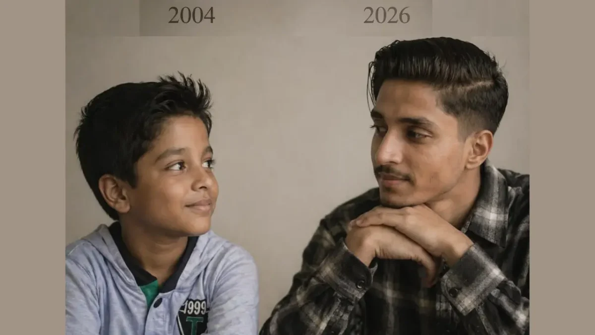 Old to future AI photo Prompts transformation showing a boy in 2004 and his grown-up version in 2026 looking at each other emotionally