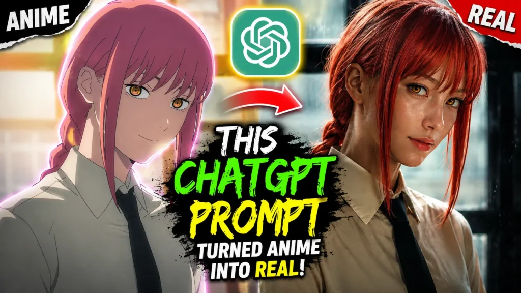 Anime character transformed into a realistic human using ChatGPT AI prompt with cinematic portrait style