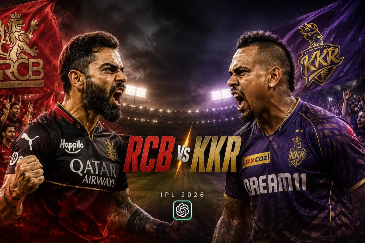 Cinematic RCB vs KKR IPL 2026 AI cricket poster featuring Virat Kohli and Sunil Narine with aggressive stadium atmosphere and ChatGPT logo