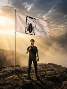Hyper realistic CJP Party AI photo prompt image featuring a Gen Z protest leader holding the Cockroach Janta Party flag Indian city backgrounds, and powerful youth movement aesthetics.
