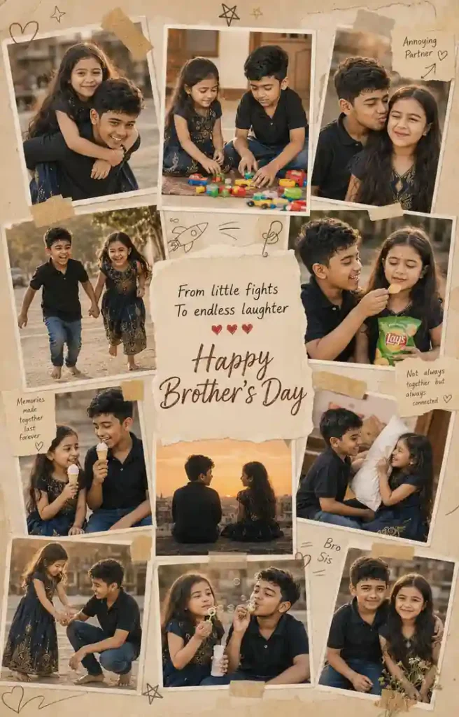 Brothers Day 2026 AI photo prompt childhood brother sister scrapbook collage poster